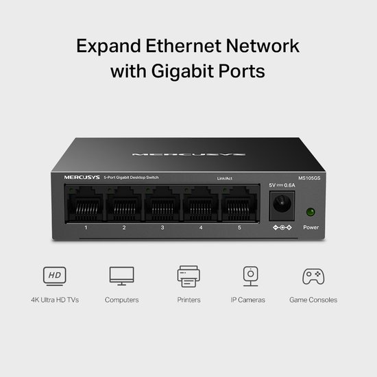 Mercusys MS105GS - Netwerkswitch - Unmanaged - Gigabit Ethernet - 5-Poorten