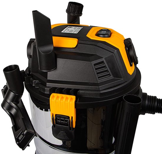 Blow Bouwstofzuiger 1300W + Stopcontact 2000W - 25L - 240V - 4 meter Snoer - Nat & Droog zuiger - Zwart/Geel
