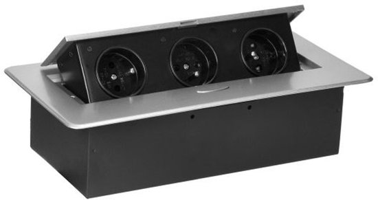 Stekkerdoos met 3 stopcontacten - Pop up stekkerblok zonder kabel - Inbouw Verdeelstekker met RVS afwerking - Verdeeldoos 230 Volt - voor max. 3680 Watt - Penaarde - Zilver