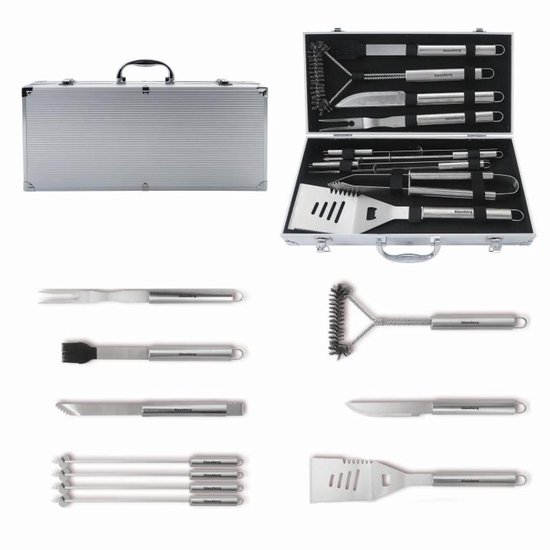 Klausberg KB-7901 Barbecue Set – 10-delige Grillaccessoires in Opbergcase (RVS, Compleet) - BBQ Tangenset - Giftset - BBQ set - Kamado / Gasbarbecue