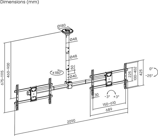 Maclean plafondbeugel voor twee TV's, max. belasting 2x40kg, 34-60", max VESA 600x400, MC-111 B