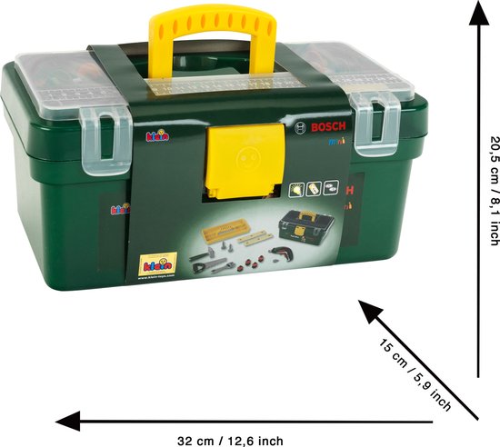 Klein Toys Bosch Ixolino II gereedschapskist - accuschroevendraaier en veel meer gereedschap - incl. verwisselbare opzetstuk, licht- en geluidseffecten - groen geel