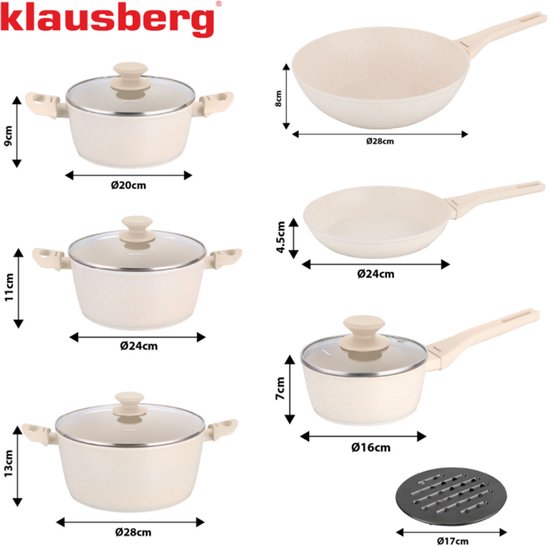 Klausberg KB-7959 Pannenset 12 Delig Beige | Marmer Anti-aanbaklaag | Inclusief Koekenpan en Wok | Geschikt voor Inductie | Cremewit