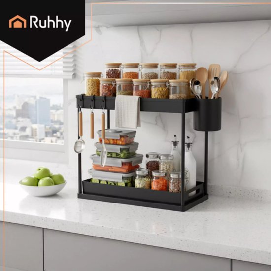 Ruhhy gootsteen organizer 2-laags – zwart rek met uittrekbare planken voor keuken en badkamer