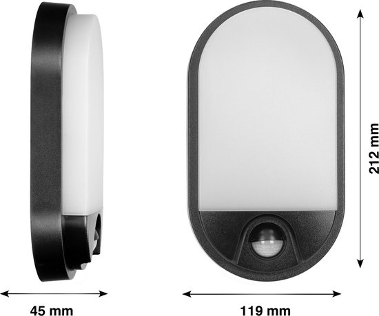 NEFRYT Buitenlamp met Bewegingssensor – Tuinverlichting 4000K – Buitenverlichting met IP54 - Muurlamp 800lm – Wandlamp buiten IK08 - Zwart