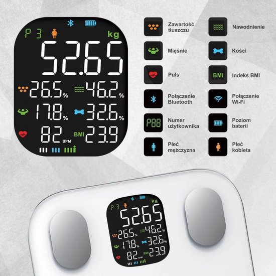 Klausberg 7857 - Slimme Bluetooth Personenweegschaal met Lichaamsanalyse en Handgreep – Gewicht, BMI, Vetpercentage, Spiermassa, Kleurendisplay -wit