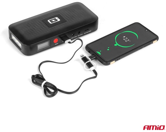 AMiO Portable Jump Starter 12V 12Ah 800A - Met Powerbank Draadloze Lader en LED Zaklamp Voor Benzine en Diesel Voertuigen