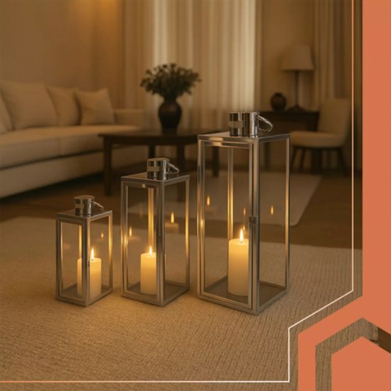 Ruhhy zilveren lantaarns set 38‑49‑63 cm – modern design, set van 3 – staal & glas zilver