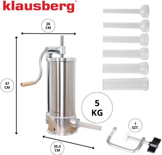 Klausberg KB-7927 Verticale Worstvuller | 5 kg Capaciteit | RVS | Professioneel | Met 6 Vullers | Vleesvuller