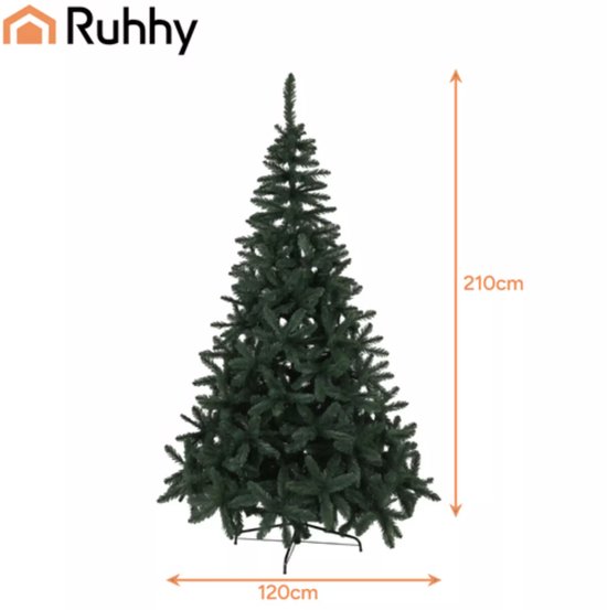 Ruhhy kunstkerstboom 210 cm – realistische groene kerstboom met dunne naalden, metalen standaard en natuurlijke uitstraling