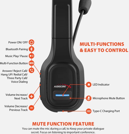 Bluetooth Hoofdtelefoon met Ruisonderdrukking-  Handsfree draadloos-  32 uur gesprekstijd