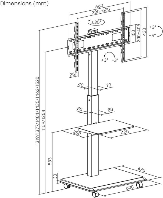 ErgoOffice - TV-standaard - trolley - max. belasting 50kg / 5kg plank - max. VESA 600x400 - ingebouwde contactdoos - zwart, ER-304 B