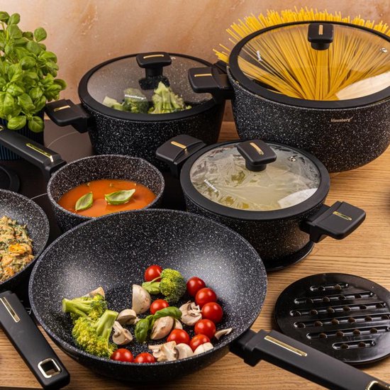 Klausberg KB-7968 Pannenset | 12-Delig | Marmer Anti-aanbaklaag | Inclusief Wok Pan | Geschikt voor Inductie | Pannen set | Glazen dekels