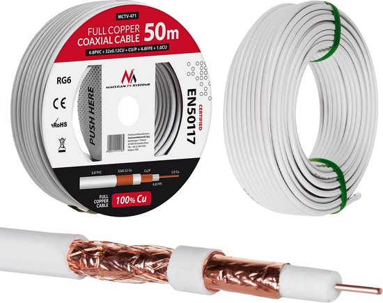Antennekabel coaxkabel RG6 Pure Copper 50m Maclean MCTV-471 SAT