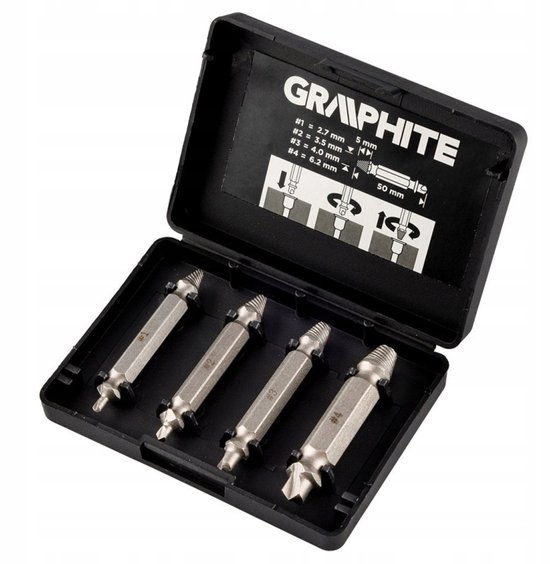 GRAPHITE schroefuitdraaiset - schroefverwijderaar - M5 tot M14 - 1/4" HEX aansluiting - 4 stuks