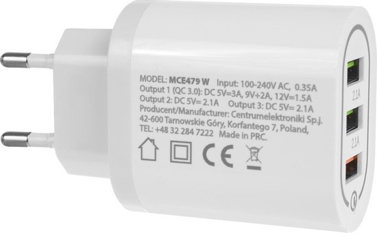 Maclean Energy MCE479 W - Adapter oplader - Oplaadstekker - wit Qualcomm Quick Charge QC 3.0 - 3.6-6VV / 3A, 6-9V / 2A, 9-12V / 1.5A en 2 stopcontacten 5V / 2.1A Wit
