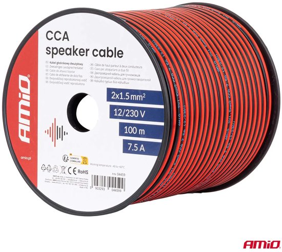 CCA luidsprekerkabel zwart/rood 2×1,5mm2 100m 7,5A