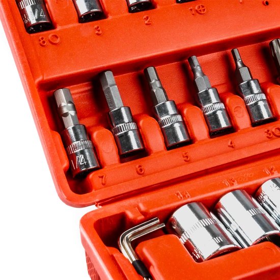 AMiO Ratelsleutel en Dopsleutel Reparatie Gereedschapset (46 Stuks) in Hoogwaardig CR-V Staal in Koffer Rood