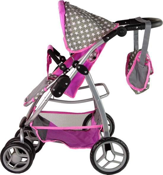2-in-1 Poppenwagen met tas - Grijs, roze, wit met sterren - Kinderwagen en reiswieg voor poppen tot 40 cm - Geschikt vanaf 3 jaar