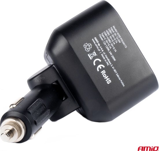 AMiO Dubbele Sigarettenaansteker Plug Splitter met (2x USB-A & 1x USB-C) 12V/24V en Voltmeter Zwart