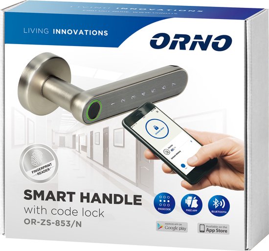 Orno -Slimme handgreep, nikkel met aanraaktoetsenbord en vingerafdruklezer, Bleutooth 4.0