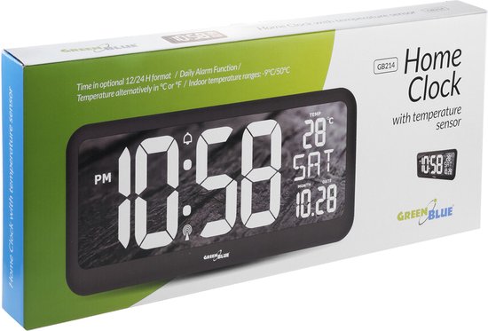 GreenBlue - Digitale klok met temperatuursensor LED display - 37x17cm