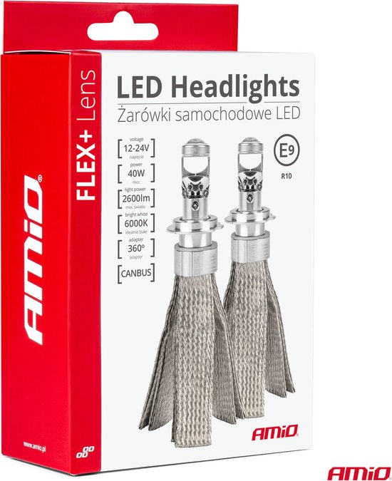 AMiO LED Autolampen FLEX+ serie H4 lens 12V 24V 6000K Canbus Dimlichten Wit