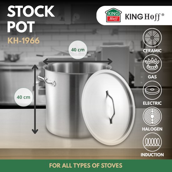 KINGHoff Kookpan 40 cm Ø, 50 Liter - RVS Professionele Stoofpan voor Horeca - Geschikt voor alle warmtebronnen inclusief inductie