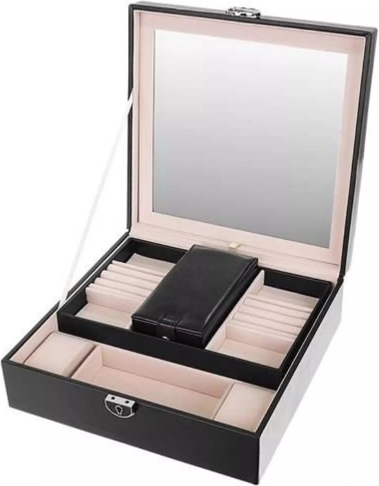 Beautylushh Sieradenkist - zwart - PU coating - 25 x 25 x 30 cm - sieradendoos - organizer - met sleutel