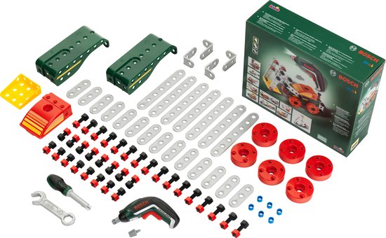 Klein Toys Bosch mini - Multitech Ixolino II bouwpakket - 107 onderdelen, schroevendraaier, steeksleutel en accuschroevendraaier - incl. handleiding voor 11 modellen - groen rood geel