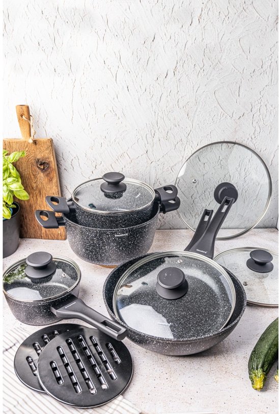 Klausberg 7657 - 12 delige pannenset - Kookpannen - 16-20-24-24-28 cm - zwart - met deksel