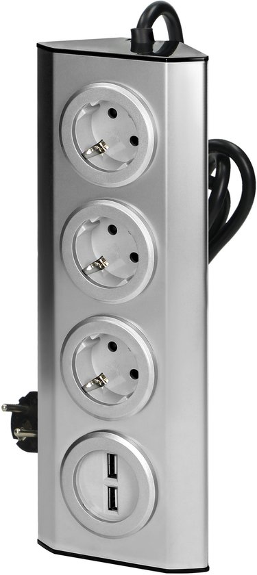 Orno Hoekstekkerdoos - Stekkerdoos met 3 stopcontacten - 2 USB A -Stekkerblok met 1.5 meter kabel - RVS