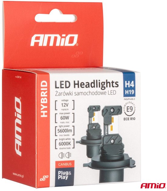 AMiO LED Koplampen Hybrid series H4 (H19) Wit 6000K - 5600LM Canbus 60W