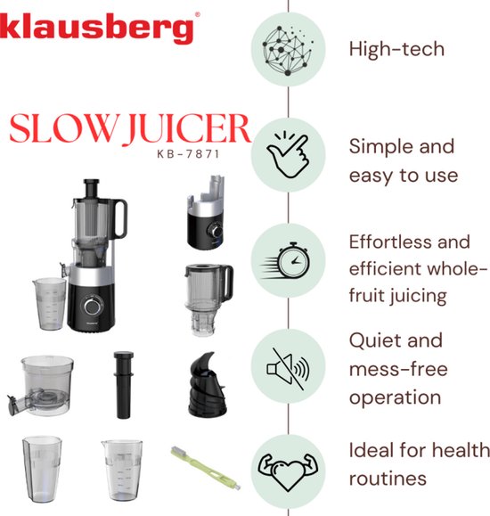 Nieuw - Klausberg KB-7871 Slowjuicer – Cold Press - Stille verticale juicer sapcentrifuge met brede vulopening – Fruitpers - Zwart/Zilver