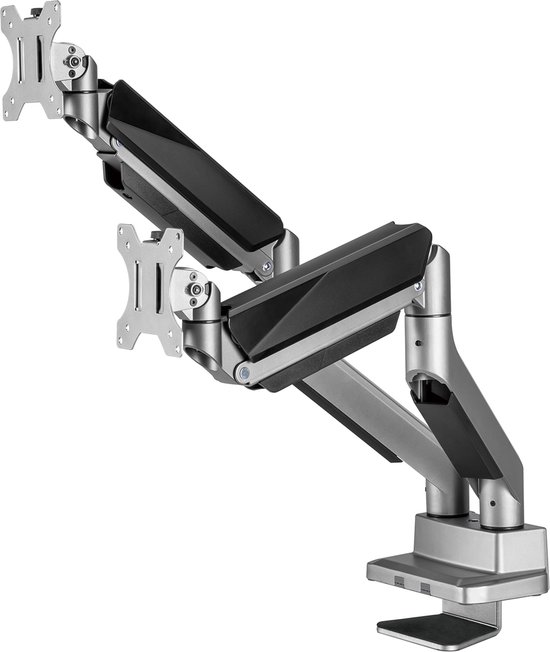 Ergo Office - 2-compartiment monitorhouder met gasveer | 17-35" - Draaibaar | Kantelbaar - In hoogte verstelbaar | Dubbele arm VESA 75x75 100x100