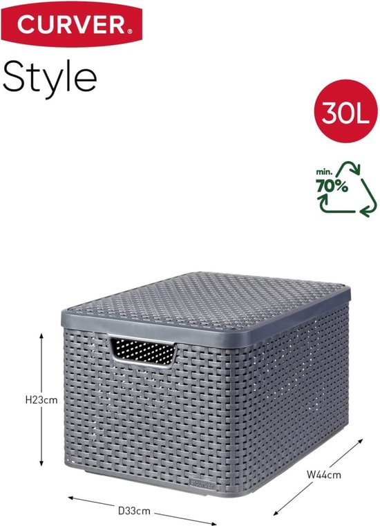 Curver Style Opbergmand met deksel L - 30 liter - Antraciet - 44,5x33x24,8 cm