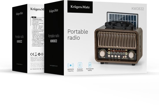 Krüger&Matz KM 832 - Draagbare Solar Radio - Bluetooth - AUX - Solar Opladen