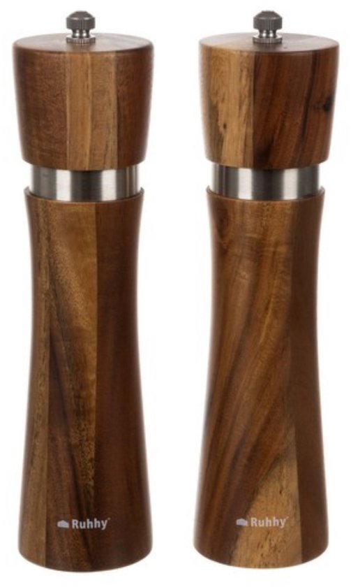 Ruhhy Zout- en pepermolen set - acacia hout - 21 x 6 cm - pepermolens en zoutmolens