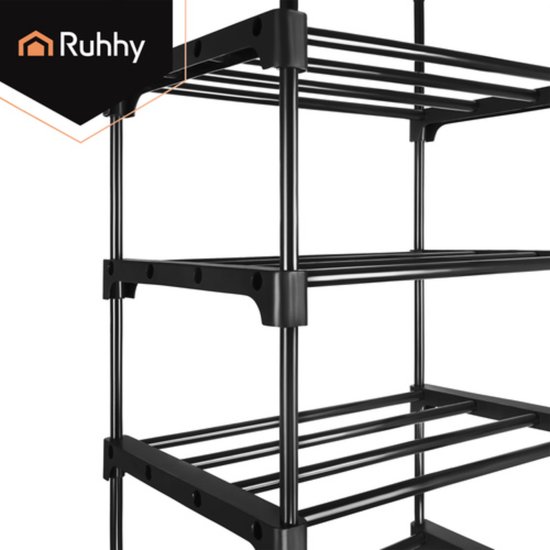 Ruhhy Schoenenrek 10 niveaus 45 x 30 x 174 cm zwart, tot 20 paar schoenen met extra slippersschap