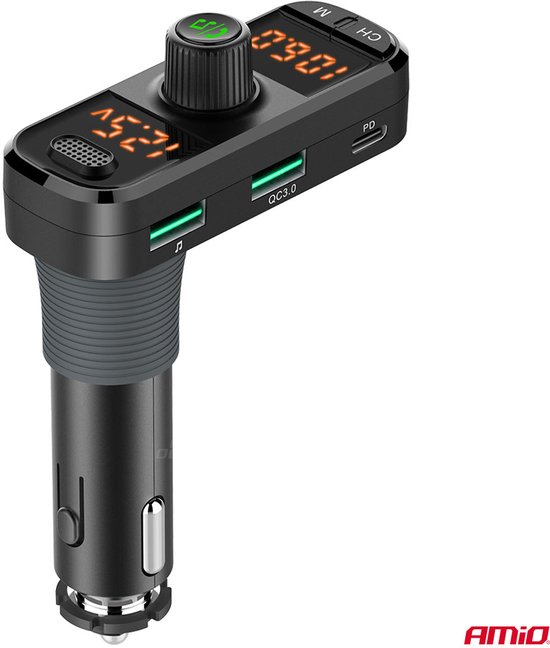 Car FM Transmitter 2×USB-A 1×USB-C microSD 12V 24V – Bluetooth, Hands-Free Bellen en L-vormige Behuizing