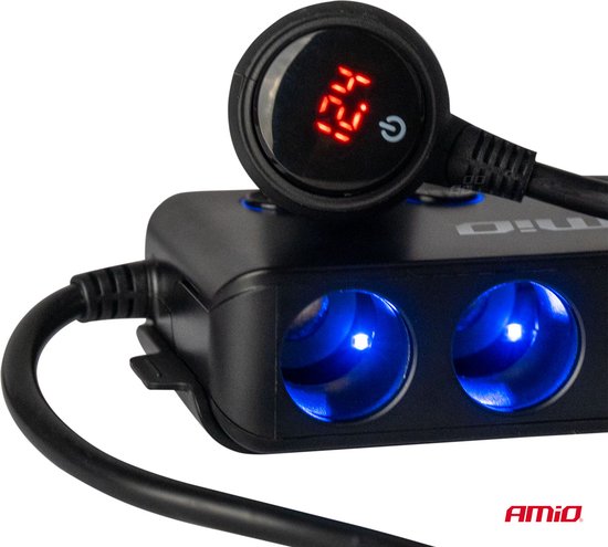 AMiO 3 Dubbele Sigarettenaansteker Plug Splitter met (3x USB-A & 1x USB-C) 12V/24V en Voltmeter Zwart