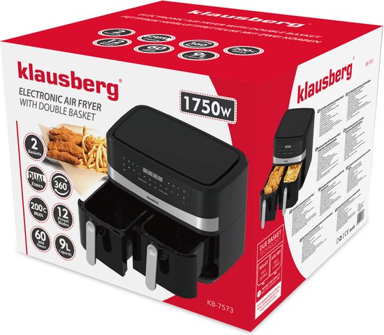Klausberg 7573 - Dubbele Airfryer XXL - Heteluchtfriteuse - touchscreen - 9Liter - 1750W