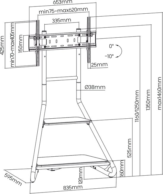 Maclean - Vrijstaande TV-/hoekbeugel - bauhausstijl / houten schappen met twee etages / max. 40 kg, 37-75''- MC-455