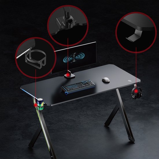 NanoRS - Gaming bureau met koptelefoon- en bekerhouder - RGB-achtergrondverlichting, max. 75kg, afmetingen 1200x600x750mm, RS102 - Zwart