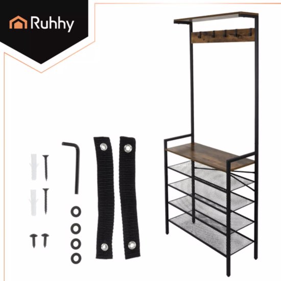 Ruhhy staande kapstok 189 cm – metalen frame met houten planken en 5 dubbele haken, industrieel ontwerp voor hal of kantoor
