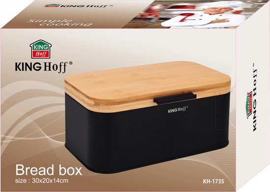 KINGHOFF - Broodtrommel - Compacte Brooddoos met Bamboe Deksel - Staal Broodbox - Brood Bewaarbox Keuken - Moderne Broodtrommel - 30 x 20 cm - Zwart