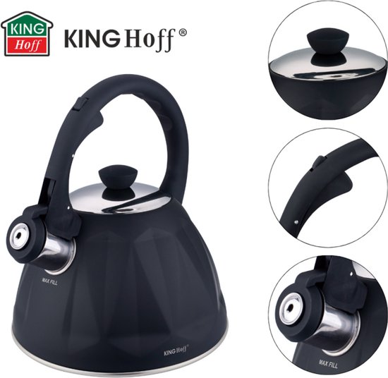 KINGHoff Fluitketel 2 Liter – RVS – Inductie Geschikt – Matte Zwarte Diamantstructuur – Soft-Touch Handgreep – KH-1997