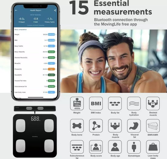 Klausberg 7855 - Slimme Bluetooth Personenweegschaal met Lichaamsanalyse – Gewicht, BMI, Vetpercentage, Spiermassa, Kleurendisplay - Wit