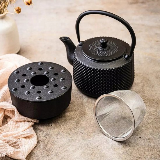KINGHOFF - Gietijzeren Theeset met Theepot (0,8L), RVS Zeef en Warmhouder - Zwart