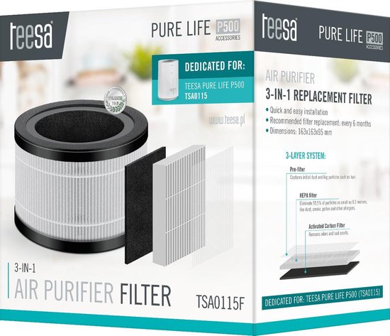 Teesa Luchtreiniger Pure Life P500 – HEPA Filter & Koolstoffilter – Luchtzuiveraar voor Slaapkamer, Woonkamer of Kantoor – Verwijdert Allergenen, Fijnstof, Geuren & Rook – Stil en Efficiënt